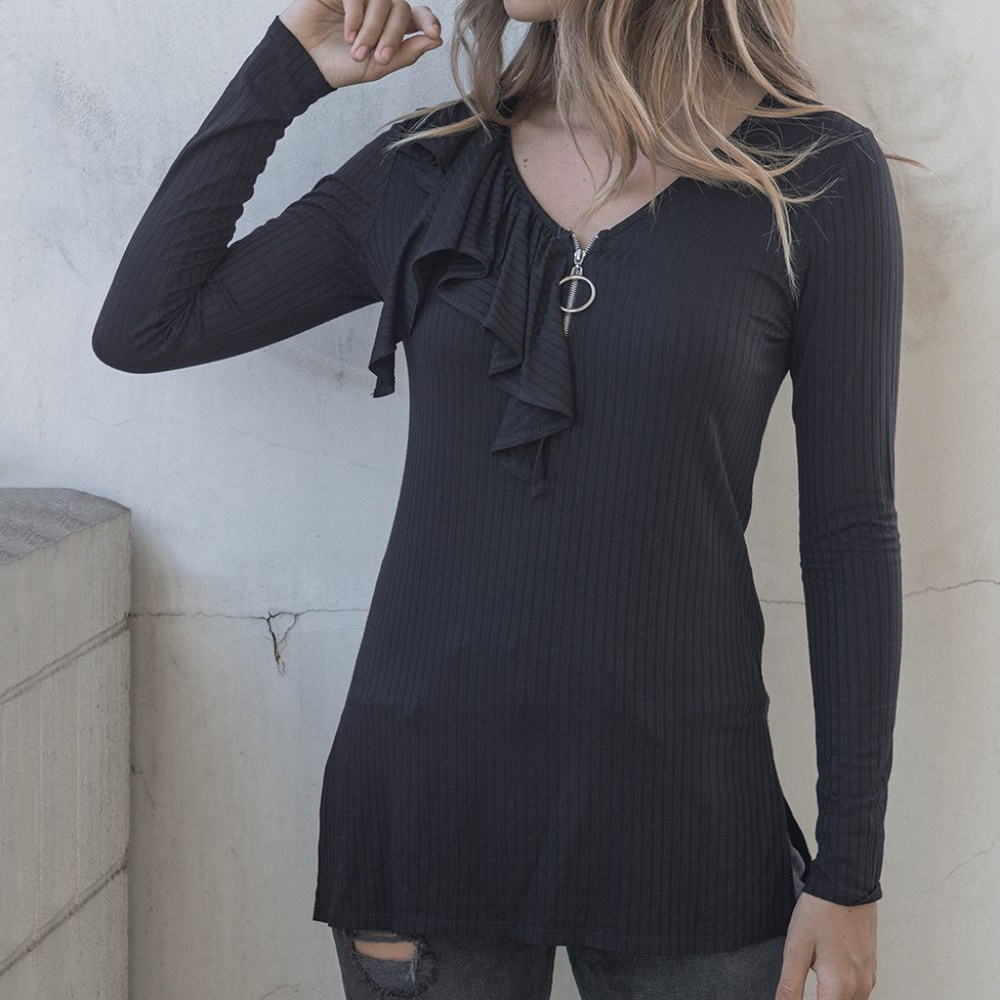 Black Asymmetrical-Ruffle Zip-Front V-Neck Top